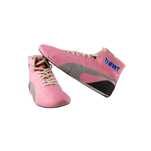 Pink Sergio Perez 2019 F1 race shoes with white laces on a white background