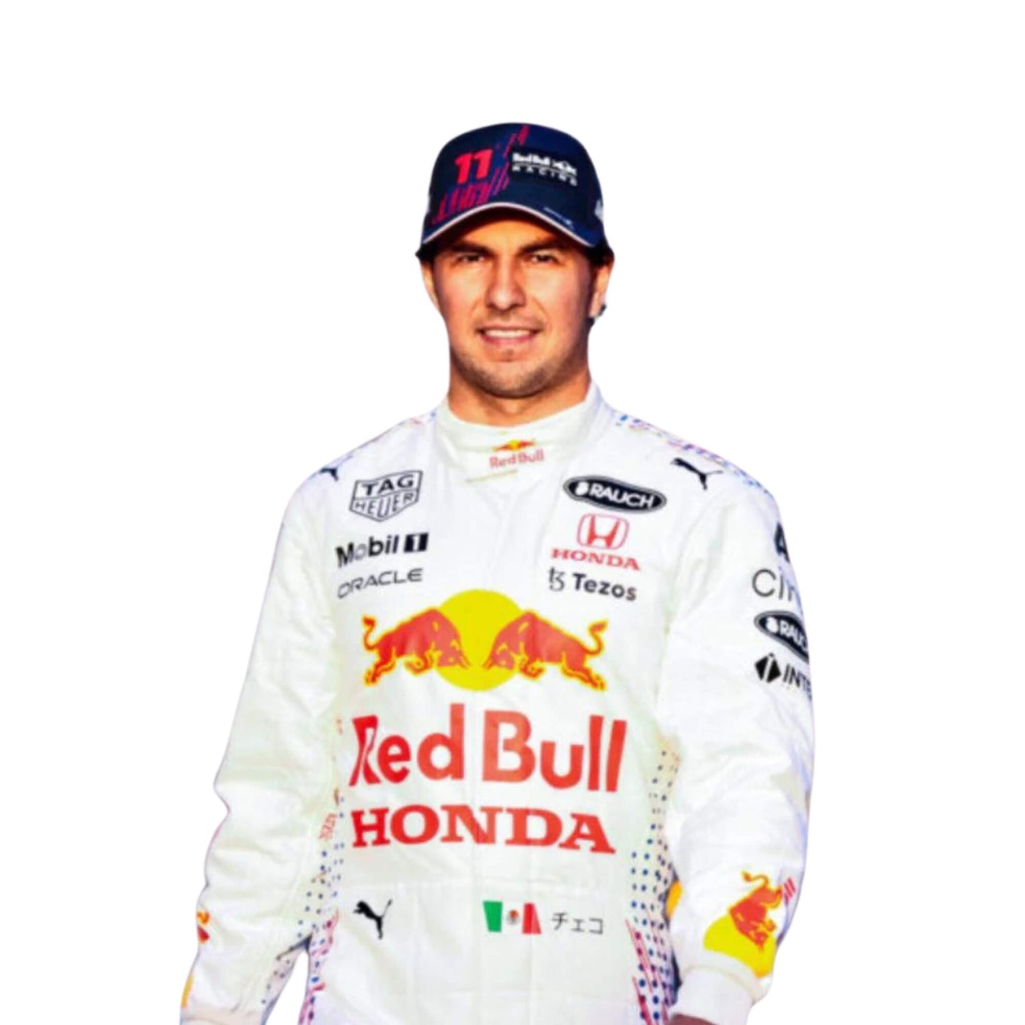 The rear of the Sergio Perez 2021 Turkish GP racing suit featuring the team's logo prominently, along with sponsor logos and the suit's ergonomic design, supporting maximum flexibility for the driver.