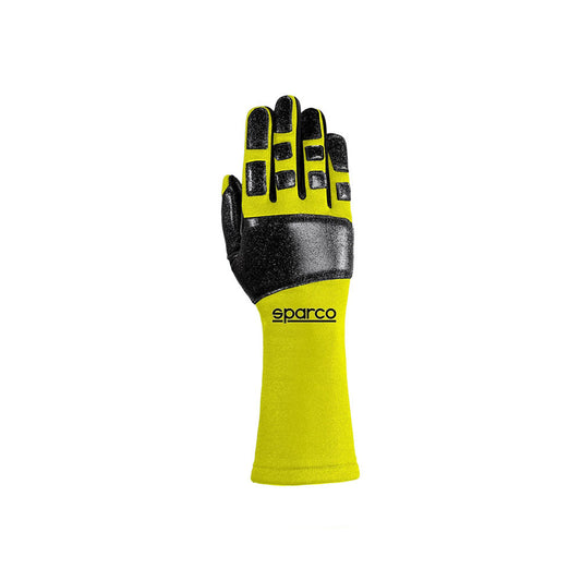 Yellow and black Sparco R-Tide MECA Mechanics Kart race glove with 'Sparco' branding on a white background