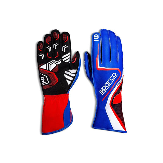 Pair of Sparco Record red, blue, and black kart race gloves on a white background