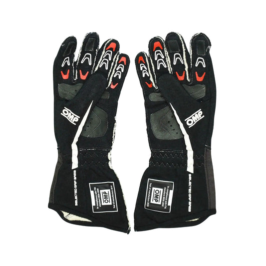 Pair of black Sting Ray Robb 2020 Indy Pro 2000 race gloves with red accents on a white background