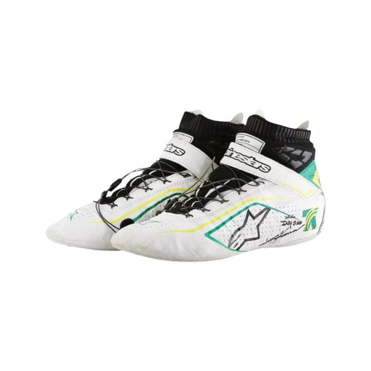 Pair of white high-top Tony Kanaan Indy 500 2022 Chip Ganassi Racing sneakers with black and green accents on a white background