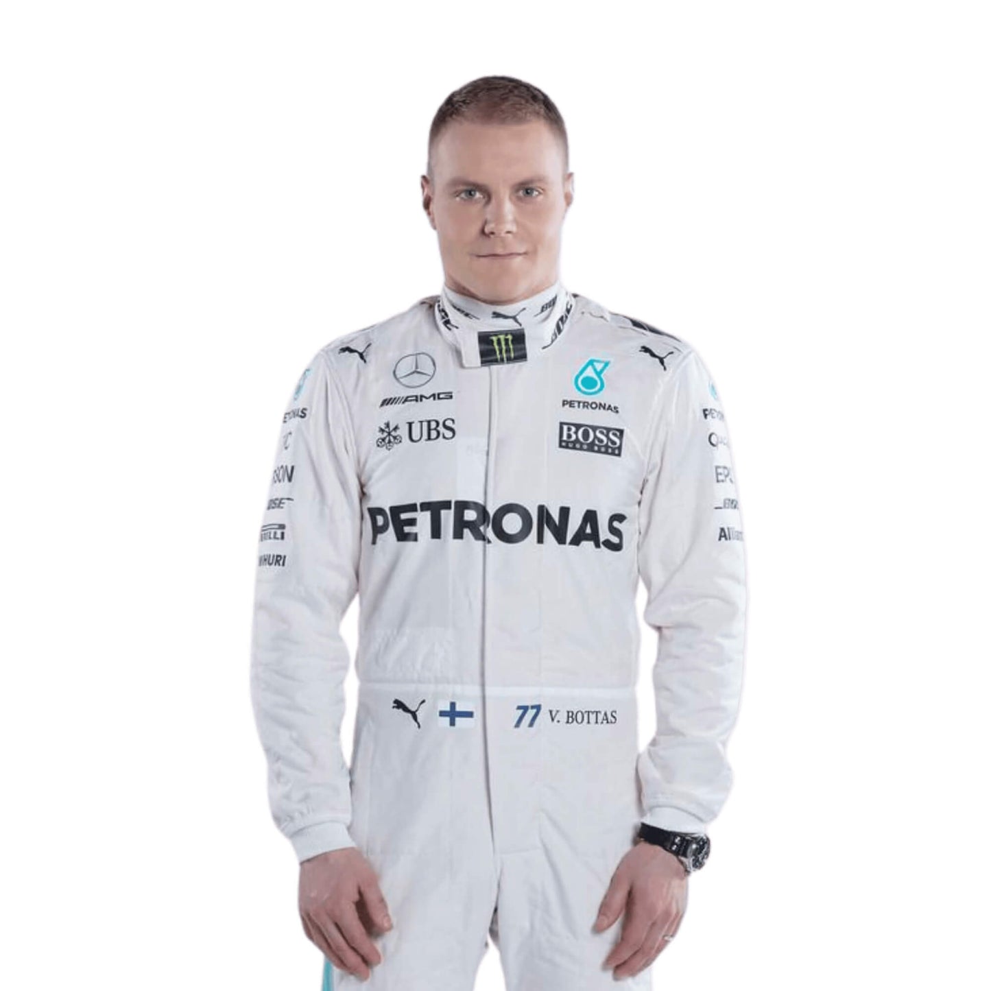 Close-up of the chest area on Valtteri Bottas’ 2017 racing suit, highlighting embroidered logos and fine detailing