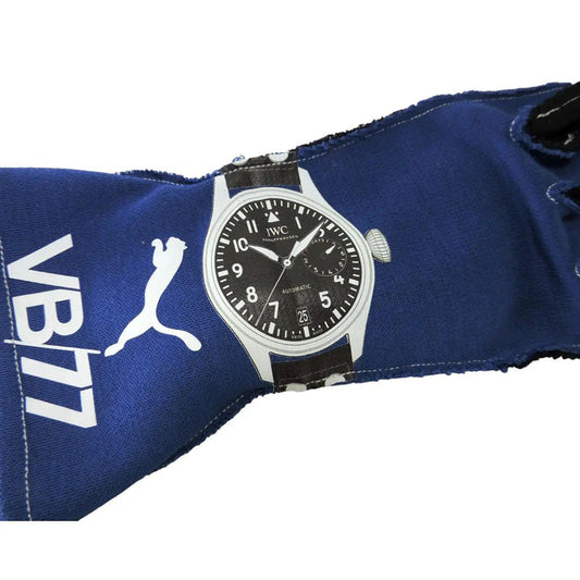 Valtteri Bottas 2018 F1 race gloves Wristwatch with black dial and silver case on a blue fabric background with 'VB17' branding.
