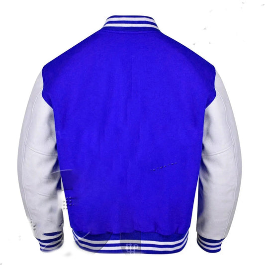 Varsity Letterman Bomber Royal Wool & White Leather Sleeves Jackets