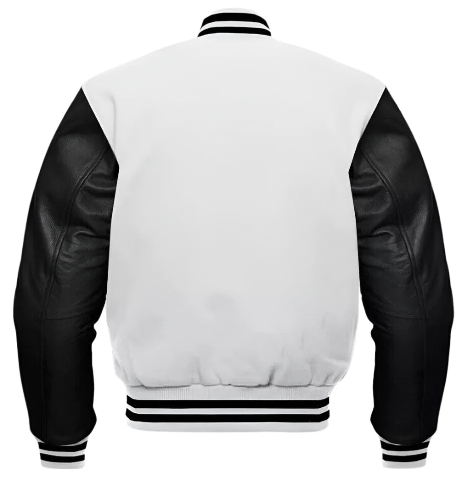 Varsity Baseball College Lettermen Bomber White Wool & Black Leather Jacket