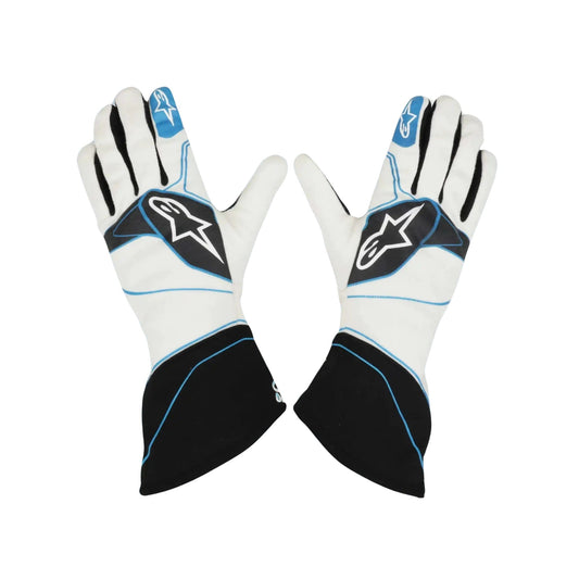 Pair of white 2018 James Hinchcliffe Race Worn IndyCar race gloves with black and blue accents on a white background