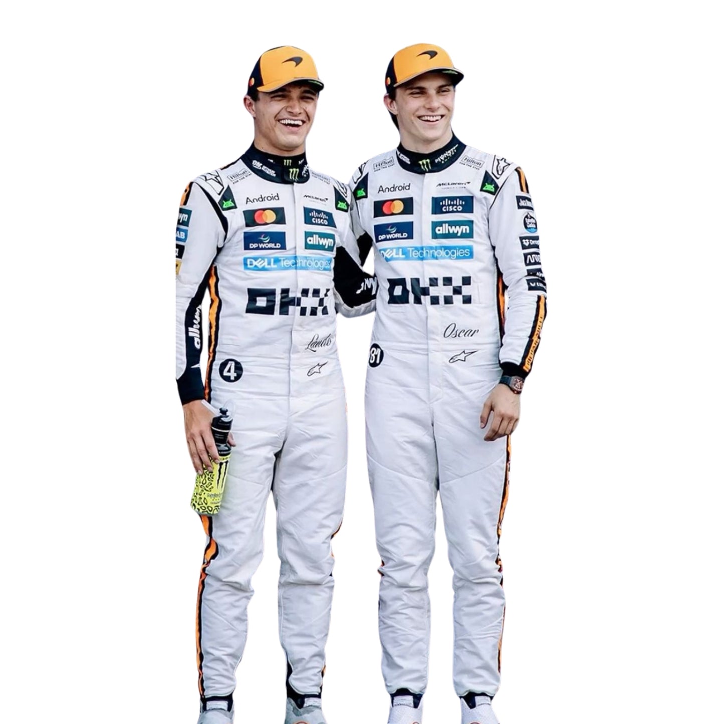 Front view of the 2025 Monaco GP white race suit worn by Lando Norris and Oscar Piastri, featuring classic black number in circle on a retro-inspired all-white base.