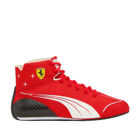 A red Puma Speedcat Pro high-top sneaker with a black carbon-fiber-look heel, white side stripes, and a yellow Ferrari shield logo on the side, shown against a plain white background.