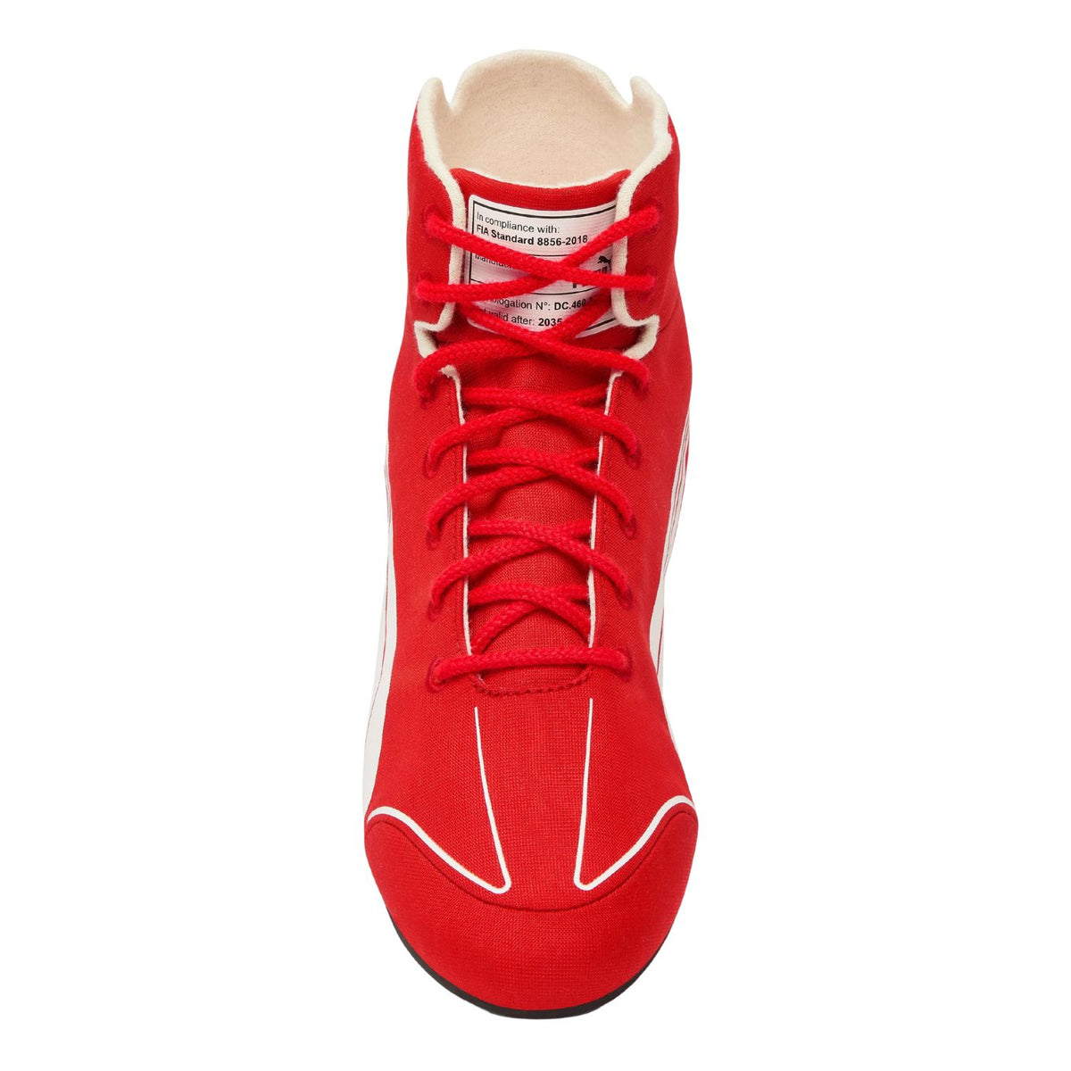 A red high-top boxing shoe with white contrast stitching, white side accents, and red laces, shown from a top-down view on a white background.
