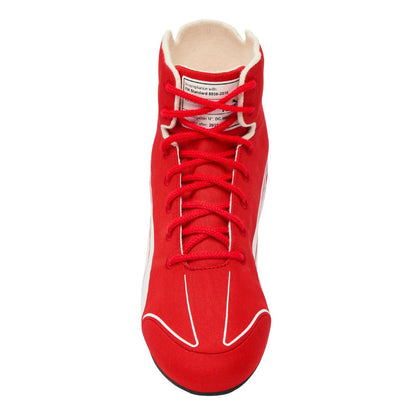 A red high-top boxing shoe with white contrast stitching, white side accents, and red laces, shown from a top-down view on a white background.