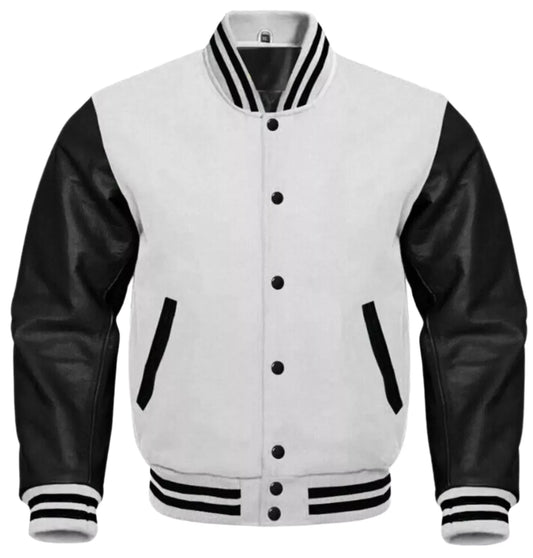 Varsity Baseball College Lettermen Bomber White Wool & Black Leather Jacket