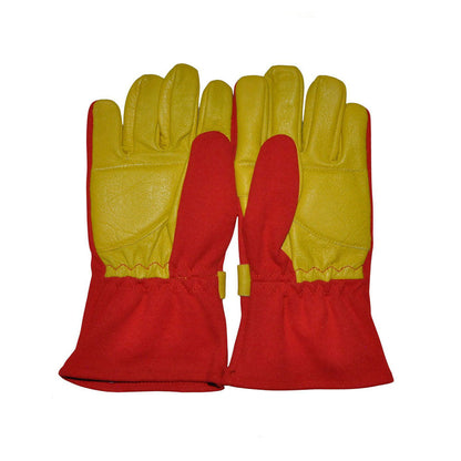 Pair of red and yellow Alain Prost 1990 F1 Race gloves on a white background