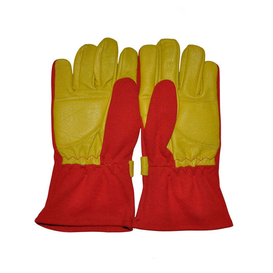 Pair of red and yellow Alain Prost 1990 F1 Race gloves on a white background