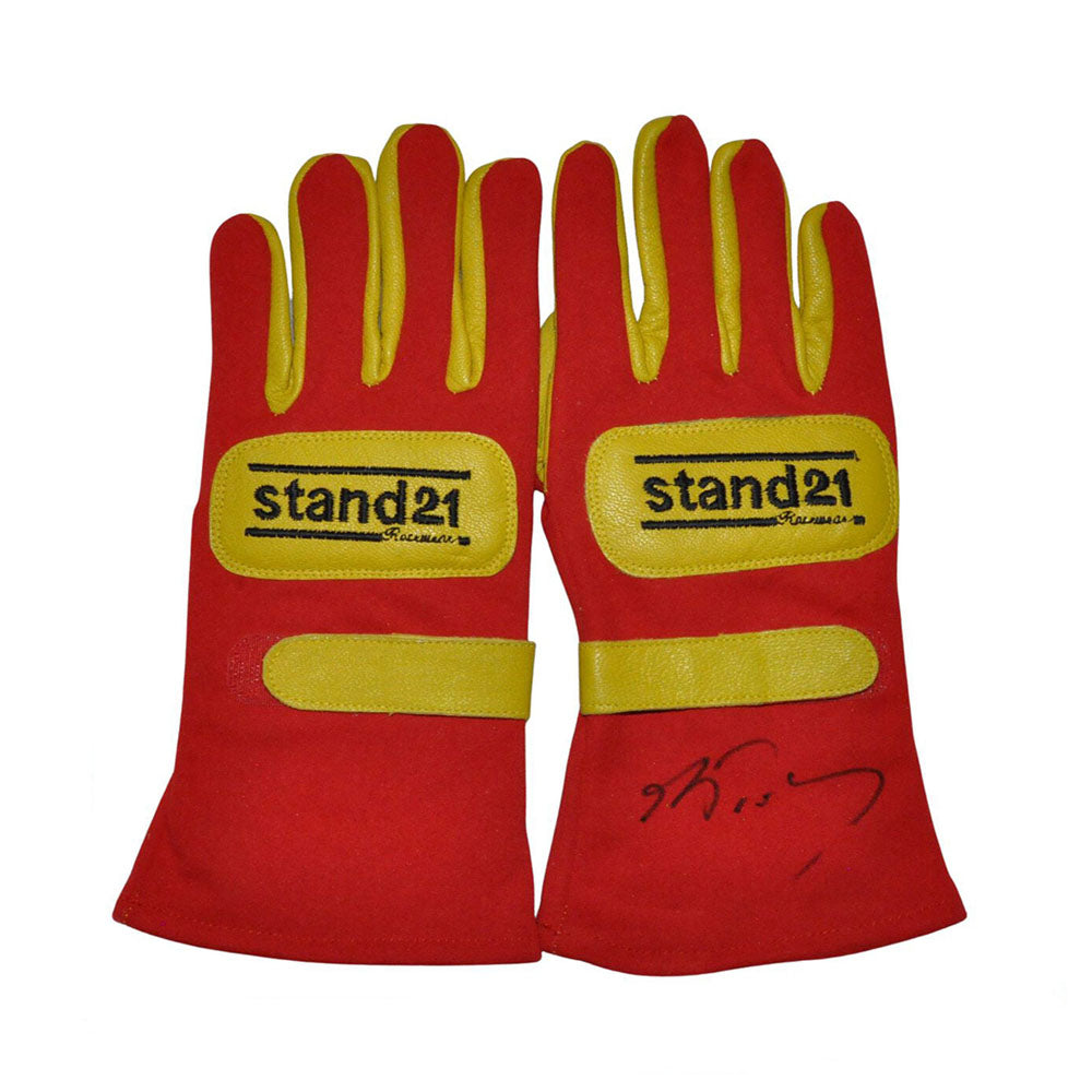 Red Alain Prost 1990 F1 Race gloves with yellow accents and 'stand21' logo on a white background