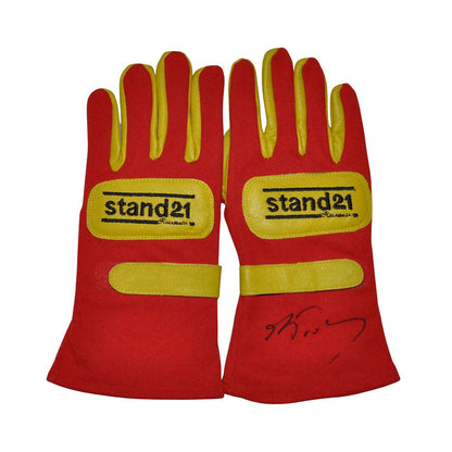 Red Alain Prost 1990 F1 Race gloves with yellow accents and 'stand21' logo on a white background