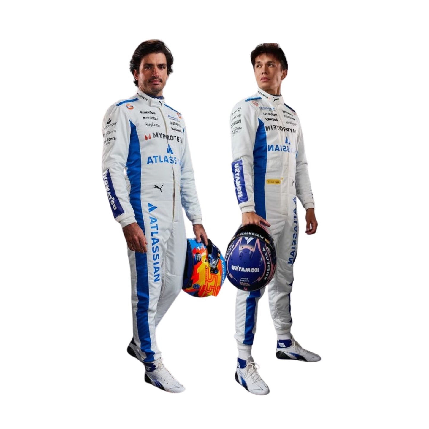Two Formula 1 drivers, Alex Albon and Carlos Sainz, in 2025 Williams F1 racing suits with visible branding on a white background