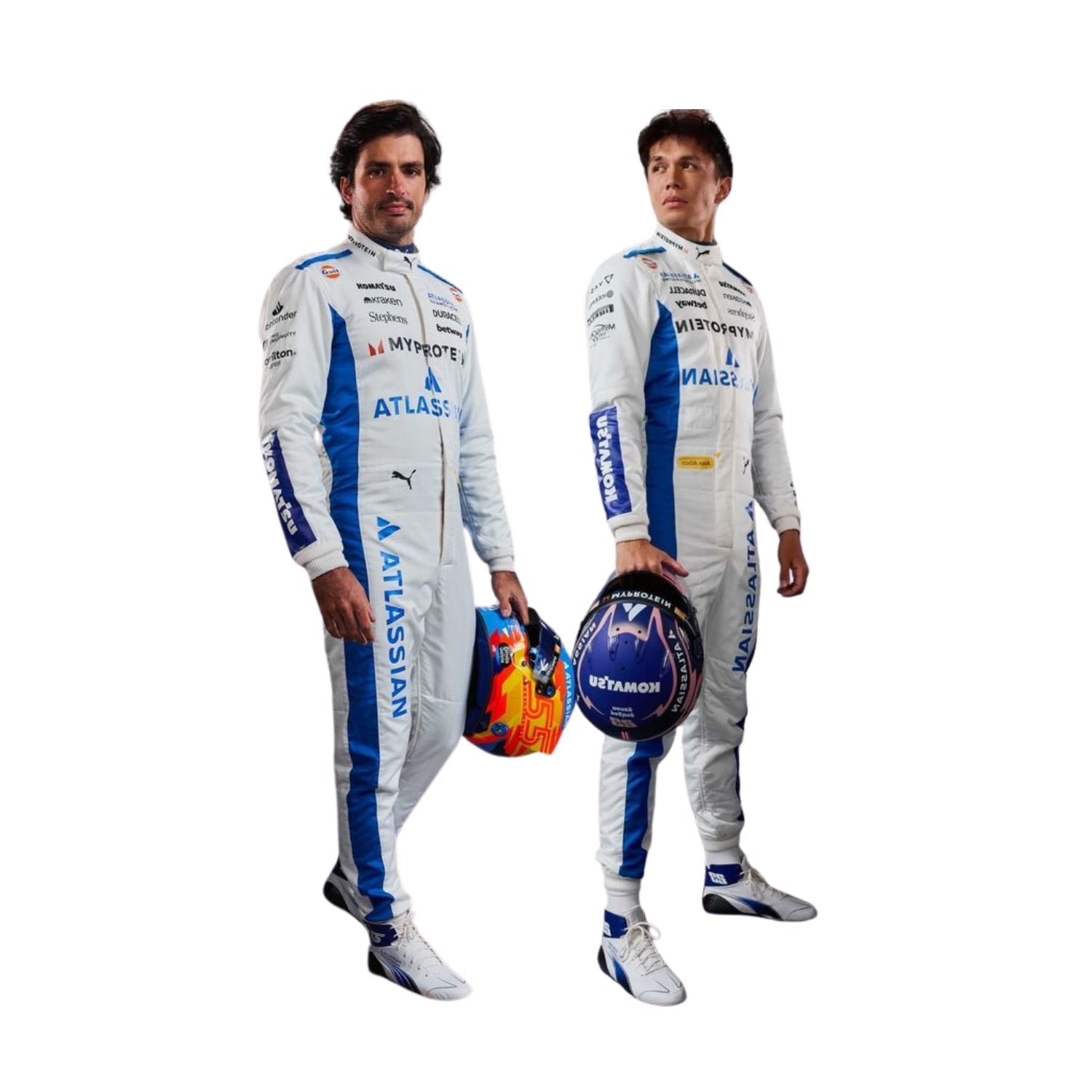Two Formula 1 drivers, Alex Albon and Carlos Sainz, in 2025 Williams F1 racing suits with visible branding on a white background