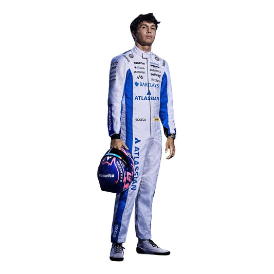 Alexander Albon wearing a Williams racing suit with various sponsor logos with Right View