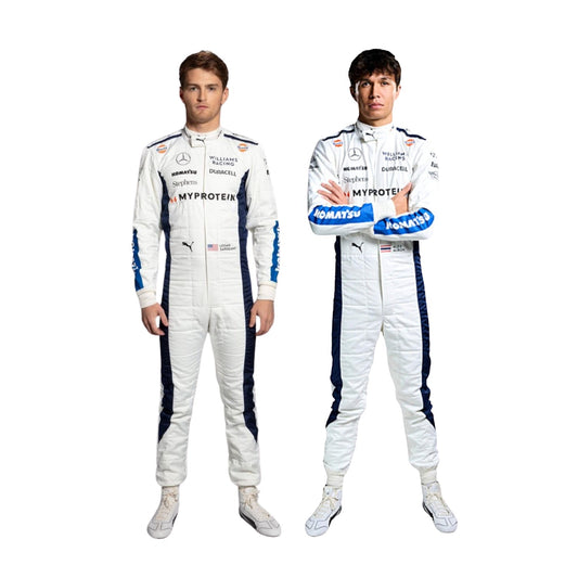Alexander Albon and Logan Sargeant 2024 wearing white f1 racing suits with various sponsor logos on a white background