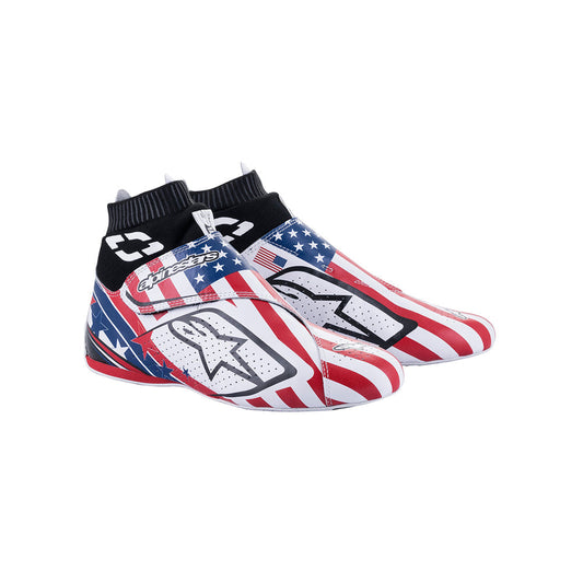Pair of Alpinestars Supermono v2 Grand Prix Race shoes with American flag design on a white background