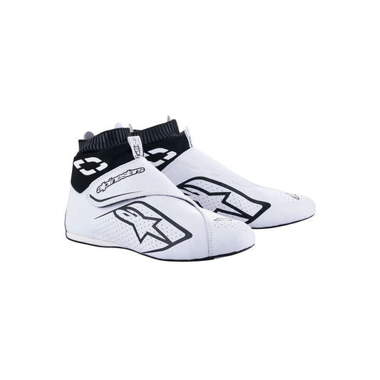 White Alpinestars Supermono v2 race shoes with black accents on a white background