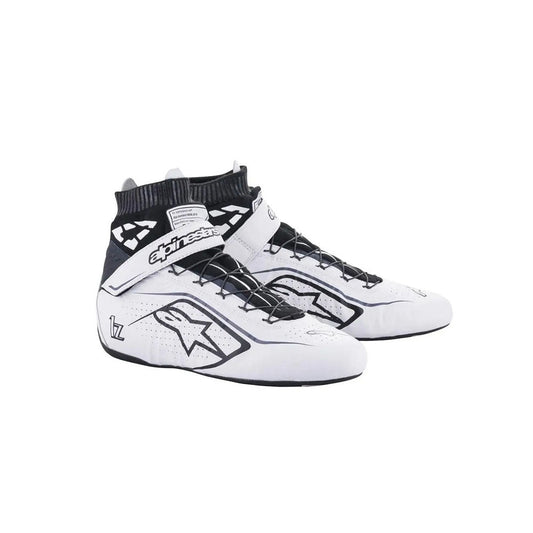 White and black Alpinestars Tech1-Zv2 race shoes with brand logo on a white background