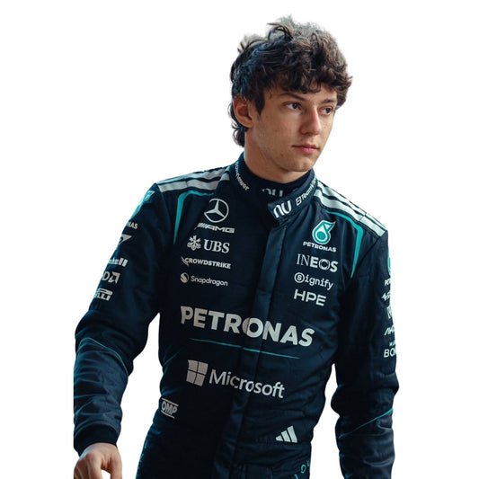 Andrea Kimi Antonelli wearing a Mercedes racing suit with various sponsor logos with Close View