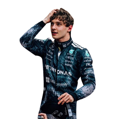 Andrea Kimi Antonelli wearing a Mercedes Japanese GP racing suit with various sponsor logos with Close View