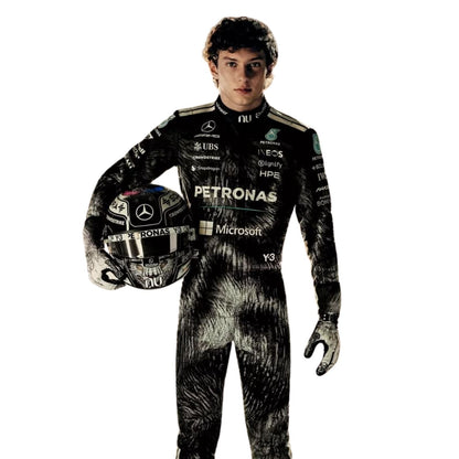 Andrea Kimi Antonelli wearing a Mercedes Japanese GP racing suit with various sponsor logos with Close View