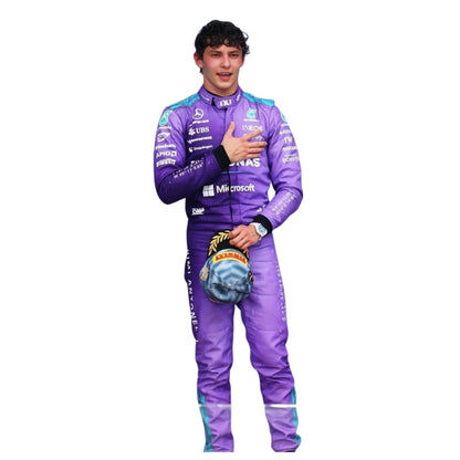 Andrea Kimi Antonelli wearing a Mercedes Miami GP racing suit with various sponsor logos with Close View