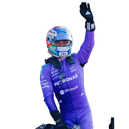 Andrea Kimi Antonelli wearing a Mercedes Miami GP racing suit with various sponsor logos with Close View