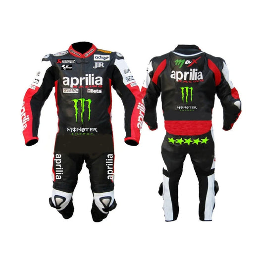 Aprilia Black Monster Racing Motorcycle Leather Suit with Safety Pads