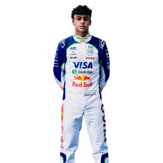 Arvid Lindblad wearing a Racing Bull racing suit with various sponsor logos with Close View