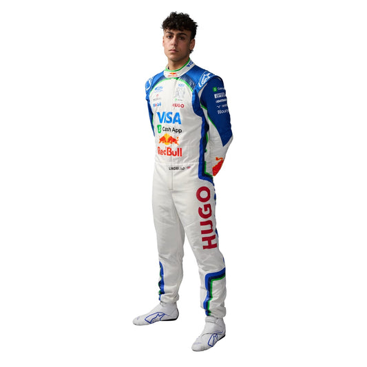 Arvid Lindblad wearing a Racing Bull racing suit with various sponsor logos with Left View
