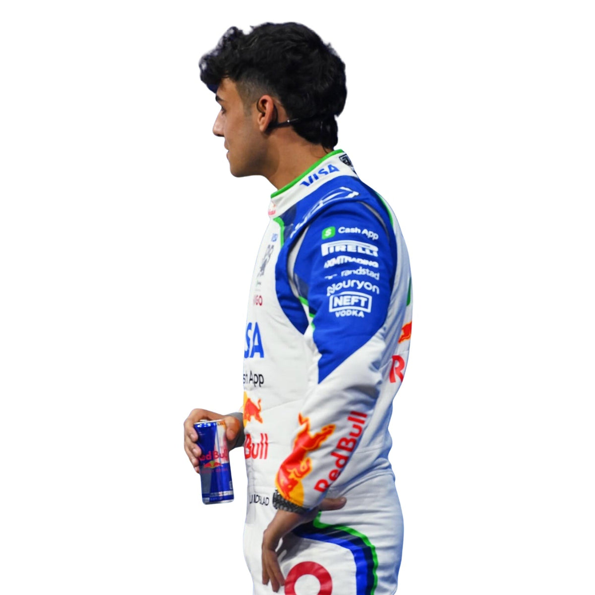 Arvid Lindblad wearing a Racing Bull racing suit with various sponsor logos with Close View