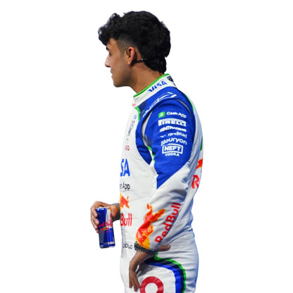 Arvid Lindblad wearing a Racing Bull racing suit with various sponsor logos with Close View