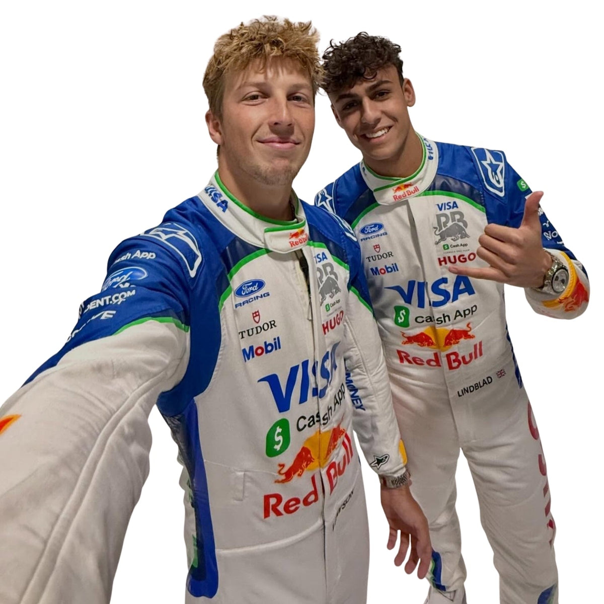 Arvid Lindblad wearing a Racing Bull racing suit with various sponsor logos with Close View