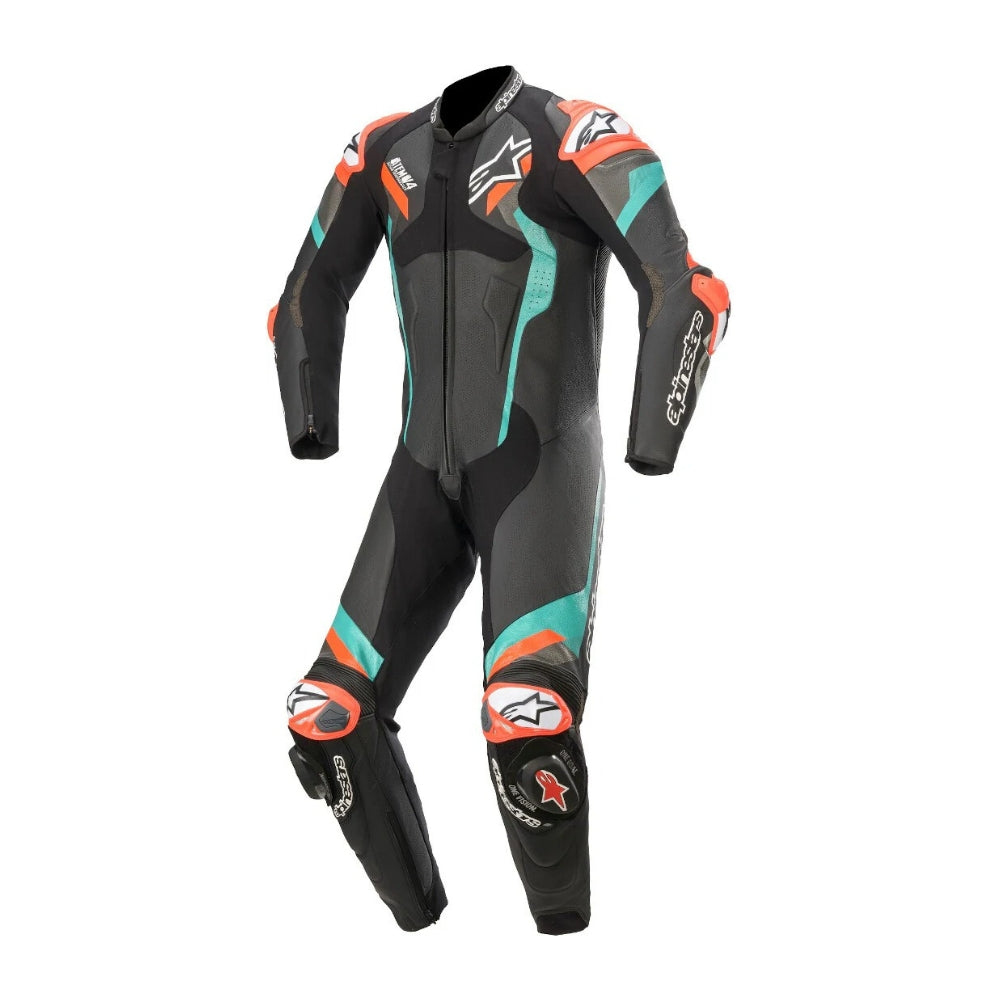 Atem V4 One-Piece Motorcycle Leather Racing Suit Black, Red, and Blue