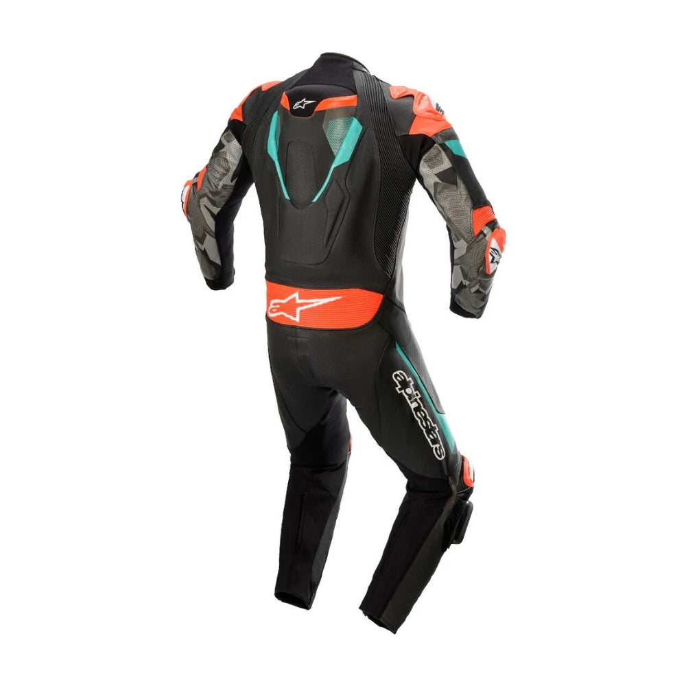 Atem V4 One-Piece Motorcycle Leather Racing Suit Black, Red, and Blue