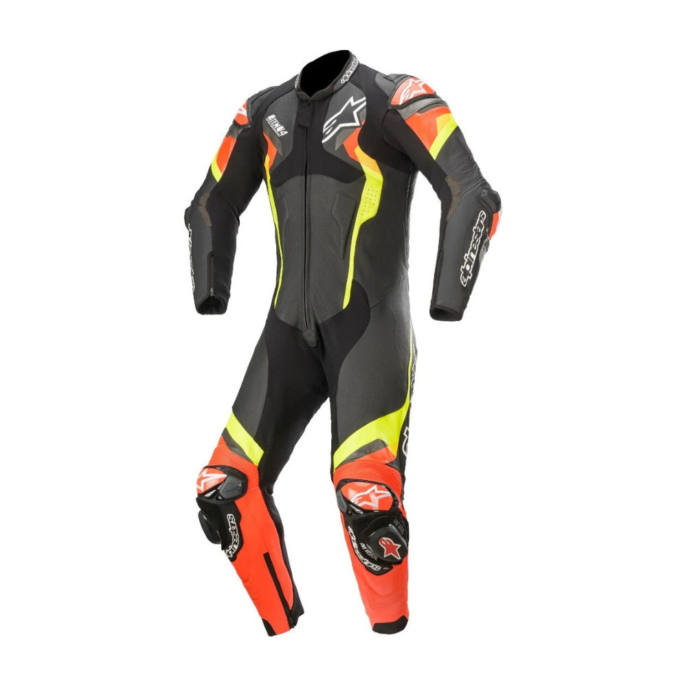 Atem V4 One-Piece Motorcycle Leather Racing Suit Black, Red, and Yellow