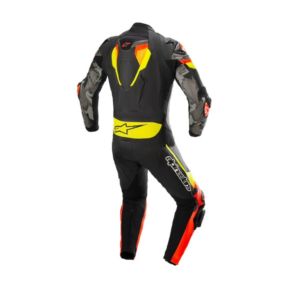 Atem V4 One-Piece Motorcycle Leather Racing Suit Black, Red, and Yellow