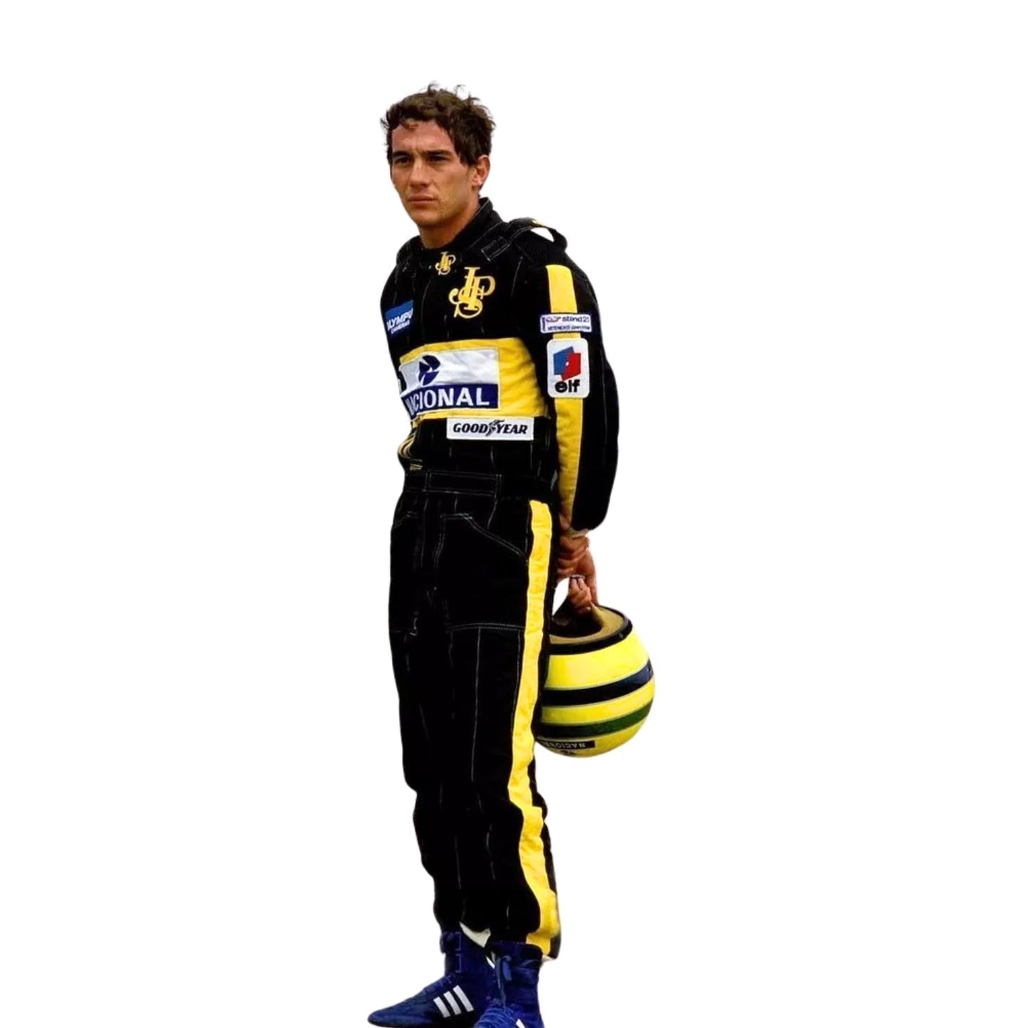 Right Side profile of Ayrton Senna's 1985 F1 suit, highlighting the sleek fit and classic 80s racing aesthetics, crafted for speed and endurance.