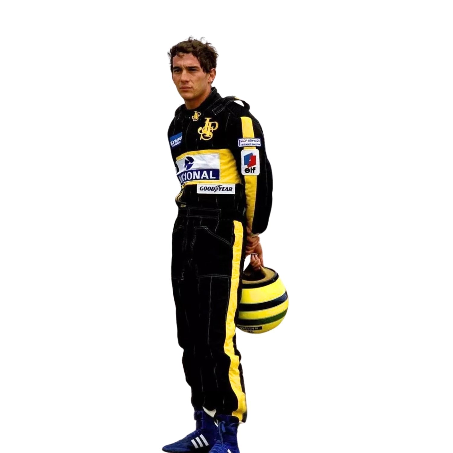 Right Side profile of Ayrton Senna's 1985 F1 suit, highlighting the sleek fit and classic 80s racing aesthetics, crafted for speed and endurance.