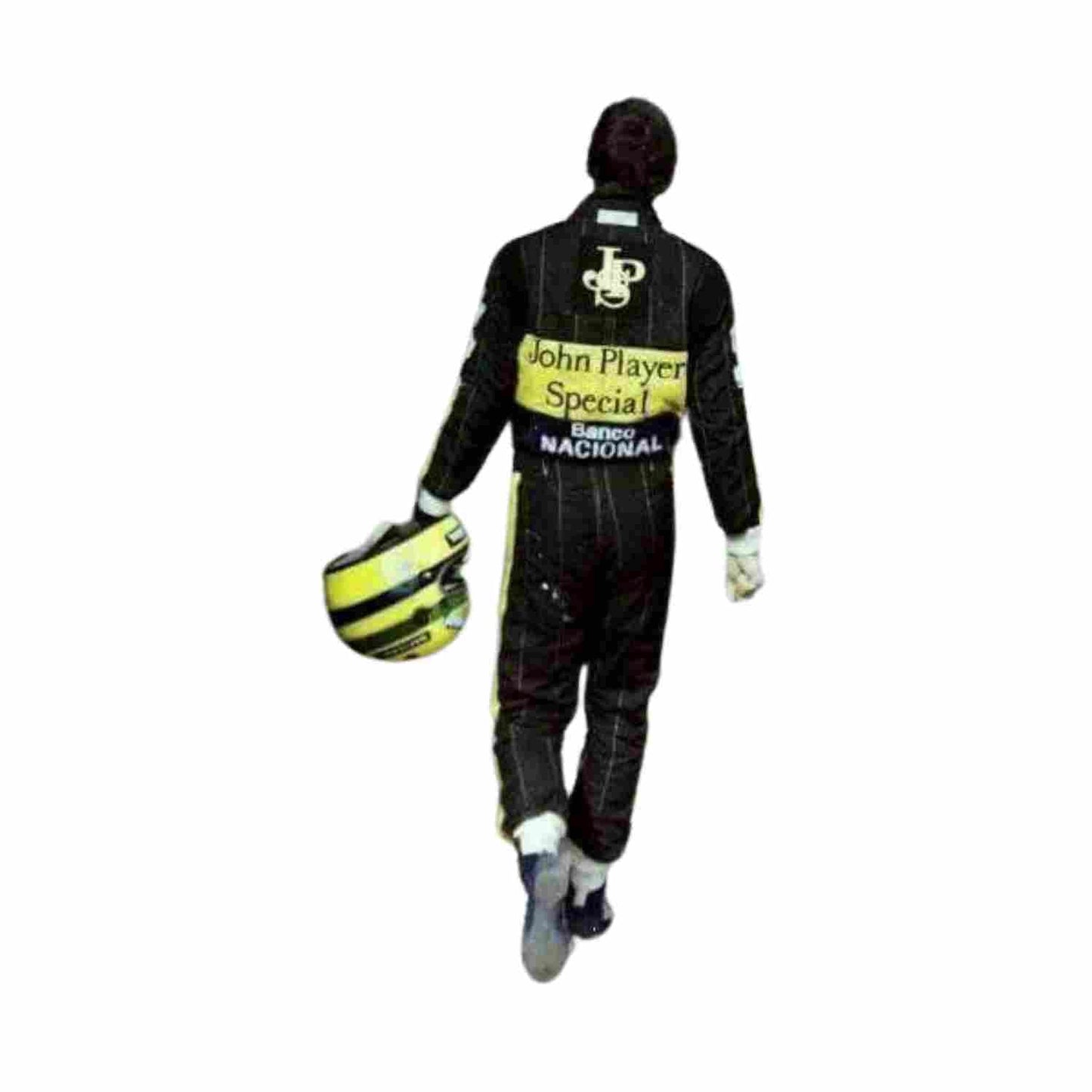 Back of the 1985 F1 racing suit worn by Ayrton Senna, featuring vintage design elements, classic sponsor logos, and the bold red and white color combination.