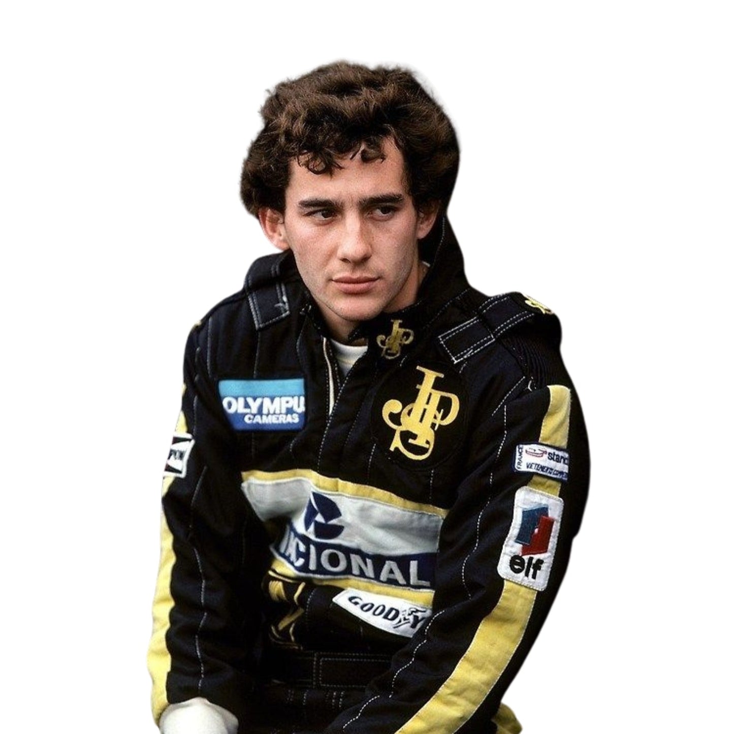 Close-up detail of the Ayrton Senna 1985 F1 racing suit fabric and stitching, showcasing vintage craftsmanship and sponsor detailing.