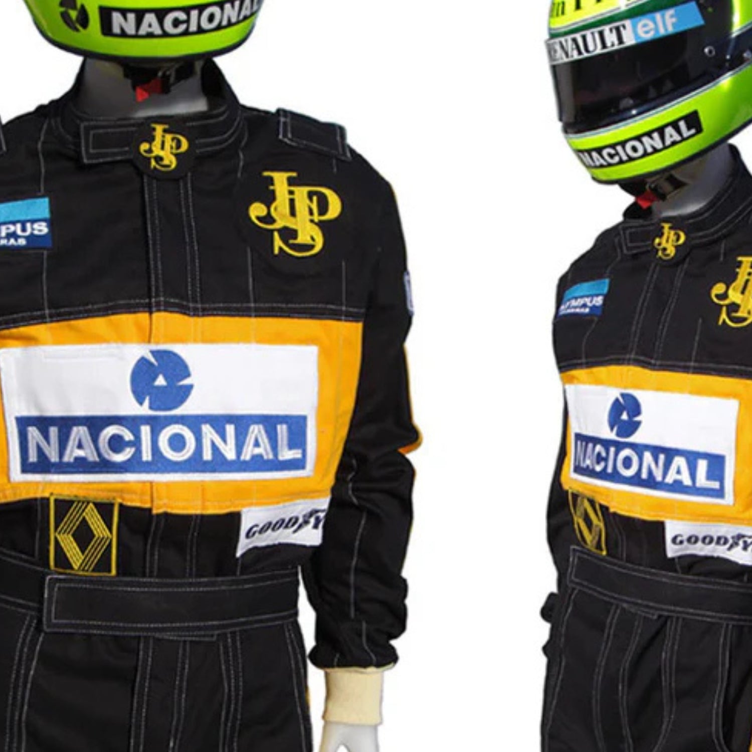 Close-up detail of the Ayrton Senna 1985 F1 racing suit fabric and stitching, showcasing vintage craftsmanship and sponsor detailing.