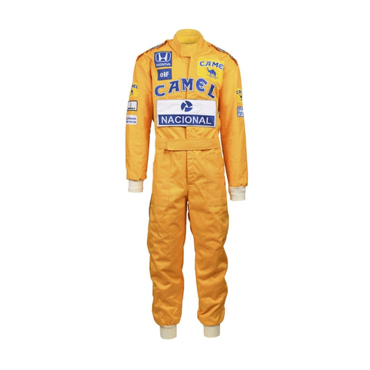 Front view of Ayrton Senna's 1987 F1 racing suit in bold yellow with green and blue accents, reflecting his Brazilian pride and dynamic racing style.