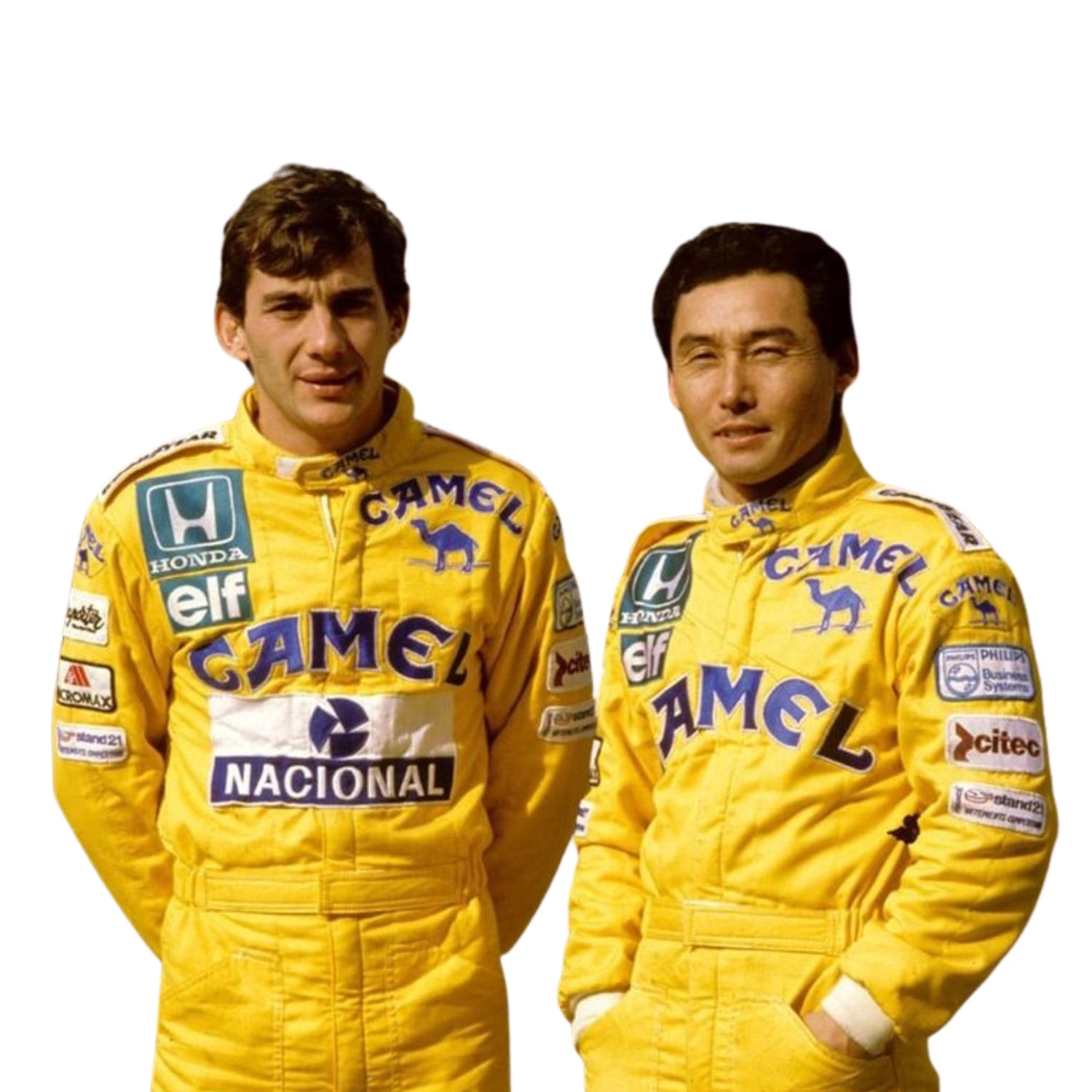 Close-up shot of the 1987 F1 racing suit worn by Ayrton Senna, highlighting premium stitching, fabric texture, and colorful sponsor logos.