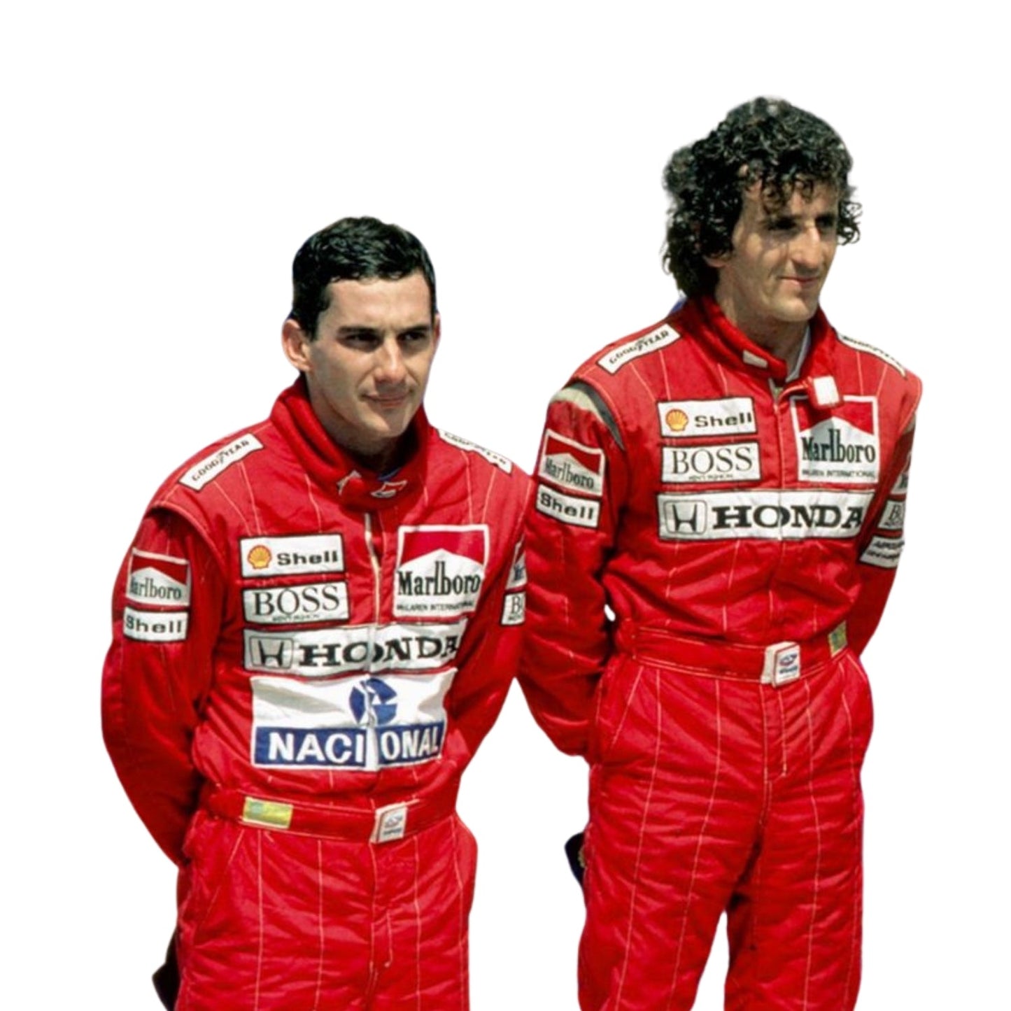 Close-up detail of Ayrton Senna’s 1988 racing suit stitching, premium fabric texture, and historical sponsor logo placements, crafted by Stand21.